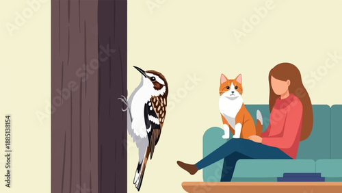 A bird clings to a tree while a person relaxes with a cat on a sofa