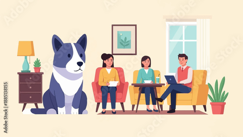 A dog sits by a nightstand, while three people sit in armchairs