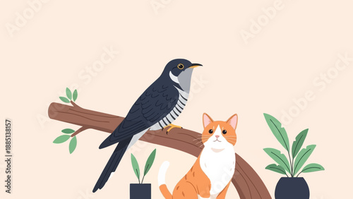 A bird sits on a branch next to a cat, with plants in pots