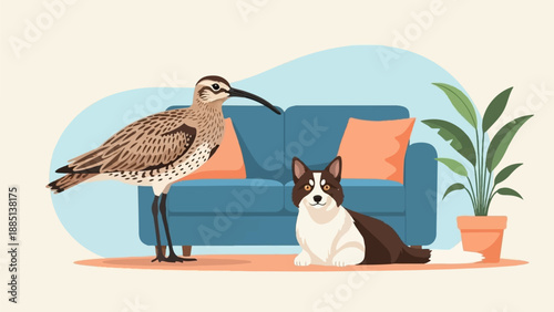 A bird and a dog relax in a cozy room with a sofa and plant
