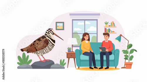 A bird with a long beak stands on rocks near a couple sitting on a couch
