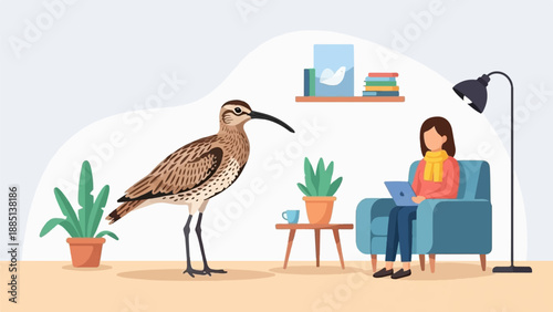 A bird stands near a woman in an armchair with a laptop
