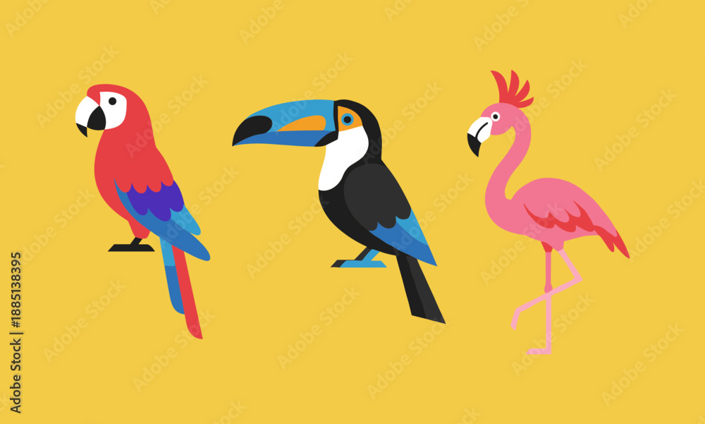 Obraz premium Collection of tropical exotic birds illustrations featuring colorful parrot toucan and flamingo isolated on yellow background flat design