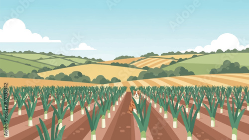 A dog sits in a field of leeks with rolling hills in background