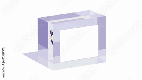 A cartoon panda peeks out from behind a purple abstract geometric display