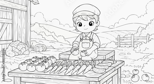 Children's coloring book - A boy sorts vegetables while sitting on a box in the fresh air