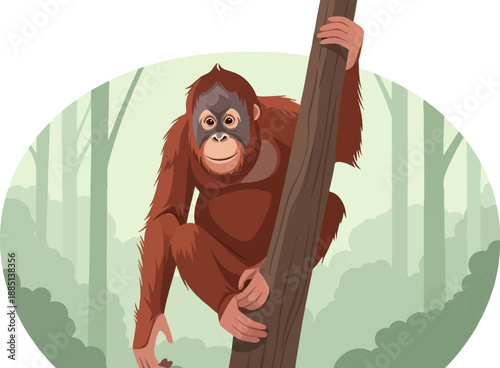 A cartoon orangutan climbs a tree in a hazy green forest setting