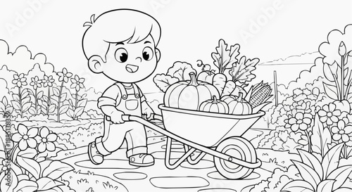 Children's coloring book - Young boy pushing wheelbarrow filled with vegetables in garden  