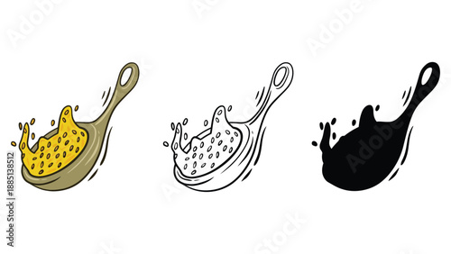 An illustration of three frying pans with different colored splashes