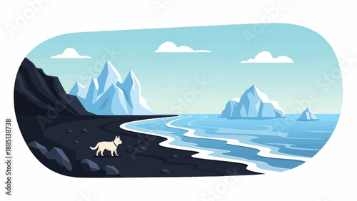 A dog walks on a black sand beach near icebergs under a blue sky