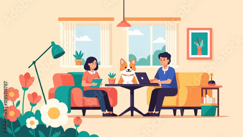 A cozy living room scene with two people, a dog, and plants