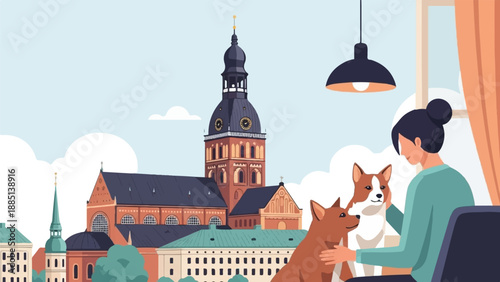 A cozy scene indoors with dogs and a cityscape visible