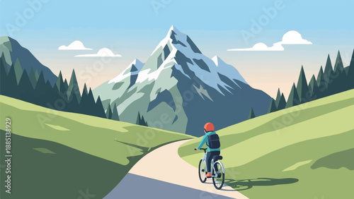 A cyclist pedals on a winding path through a lush green valley towards a majestic snow-capped mountain