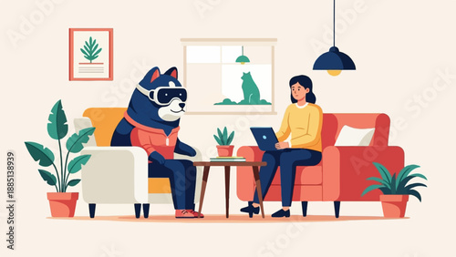 A dog wearing VR goggles sits on a sofa with a woman using a laptop