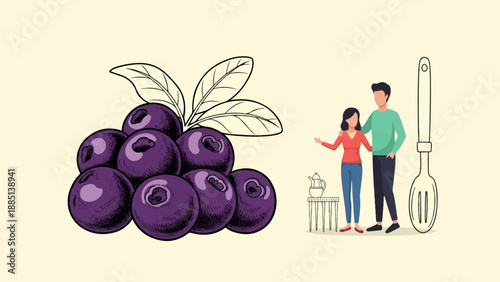 A couple embraces next to a large blueberry cluster and a utensil