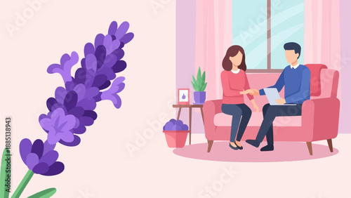 A couple conversing in a room with lavender