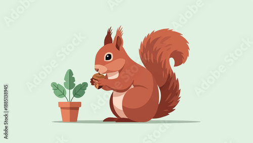 A cartoon squirrel holds an acorn next to a potted plant