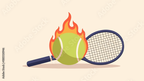 A bright yellow tennis ball ignites with flames beside a dark blue racket