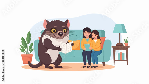 A cartoon Tasmanian devil reads a book while two girls sit on a couch