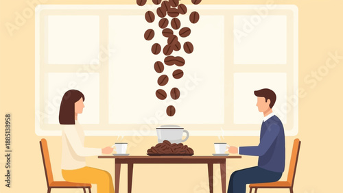 A couple enjoying coffee at a table with beans falling from above