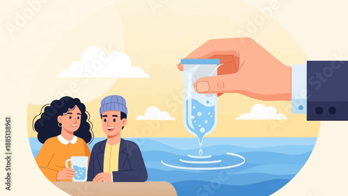A couple enjoys a beverage near a hand holding a water sample over the ocean