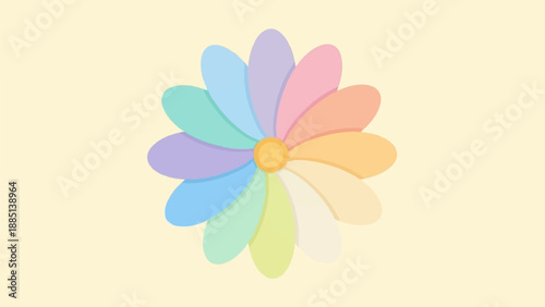 A daisy-like flower with pastel-colored petals on a pale yellow background