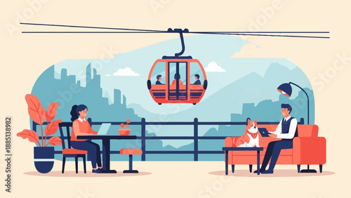 A cozy scene with people, dog, and aerial tramway overlook city