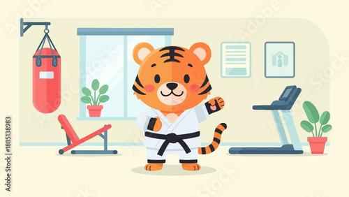 A cartoon tiger in a martial arts uniform stands in a gym