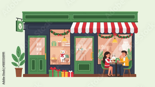 A cozy shop decorated for holidays, with people and a cat inside