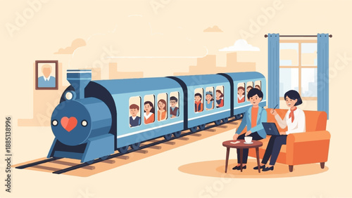 A cartoon train with people onboard travels past a room with two people on a sofa