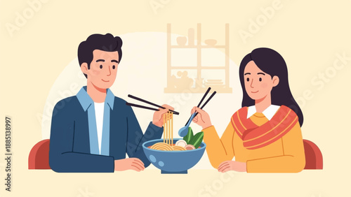 A couple enjoys a bowl of noodles together, sharing a meal
