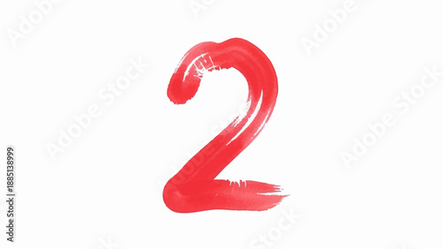 A bright red number two painted with a brush on a white background