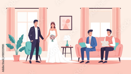 A bride and groom hold hands, with two men looking on from a sofa