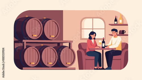 A couple enjoys wine at a table, with wine barrels stacked nearby