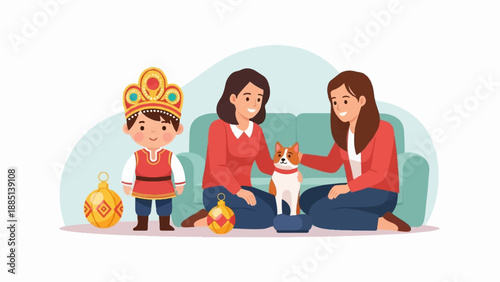 A boy in traditional attire with a crown and two women with a dog on the floor