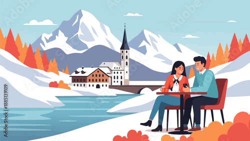 A couple enjoys coffee at a mountain village cafe in autumn with snow