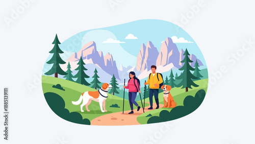 A couple hikes with their dogs in a picturesque mountainous landscape