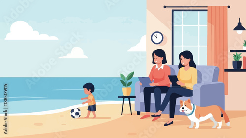 A boy plays soccer on the beach while two women and a dog relax indoors