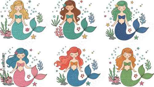 Beautiful little mermaid vector illustration set with colorful hair and tails surrounded by ocean plants and coral reef