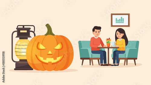 A carved pumpkin and a couple sitting at a table in a room