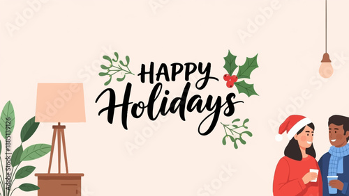 A couple in cozy attire holds warm beverages amidst festive greenery and holiday greetings