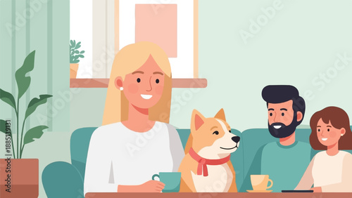 A family and their dog enjoy a cozy time together indoors