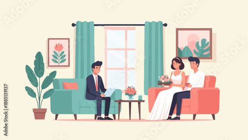 A couple in wedding attire sits with an officiant in a room