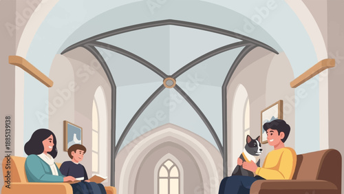 A family and their dog relax on couches in a room with vaulted ceilings