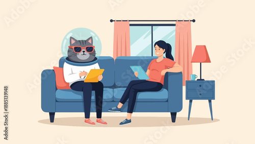 A cat in a space helmet and sunglasses chats with a person
