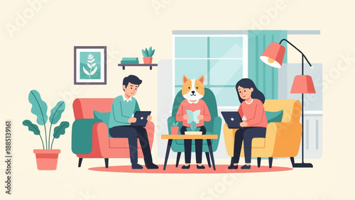 A family and their dog relax in the living room, reading and working