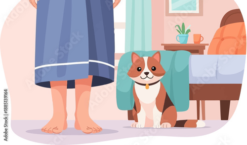 A cat sits patiently by a person's feet in a cozy bedroom scene