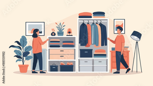 A couple organizing clothes in a modern, minimalist wardrobe