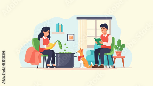 A couple reads books while a dog watches peas fall into a pot