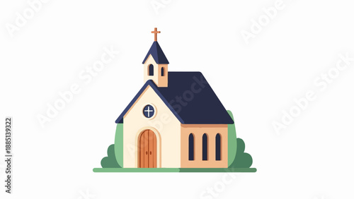 A charming, cartoonish depiction of a quaint church with a steeple, doors, and windows
